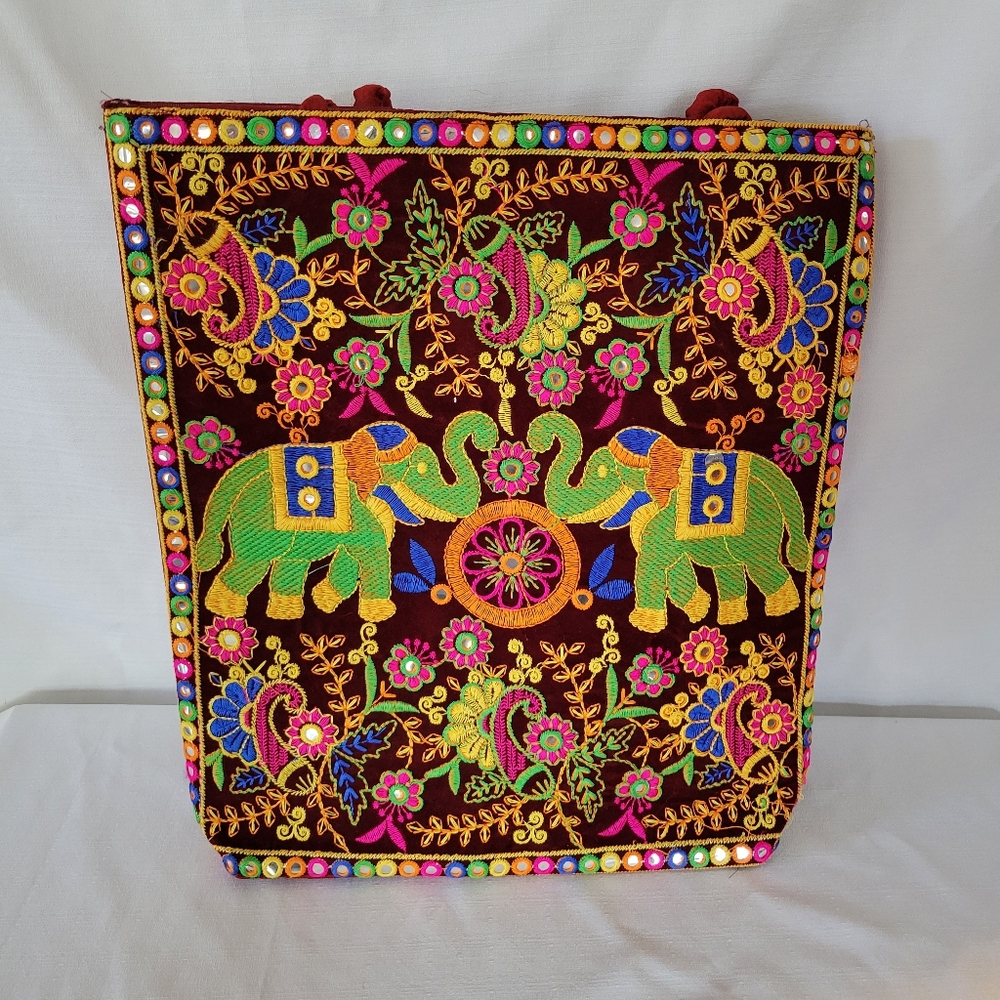 Embroidered Elephant Red Tote Bright colors sequins India vintage